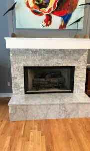 flush hearth in wood floor white quartzite